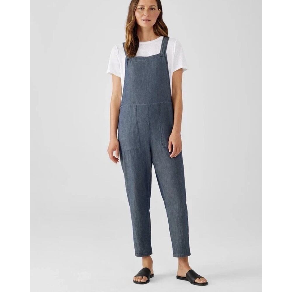 Eileen Fisher Airy Organic Cotton Twill Overalls Chambray Jumpsuit Womens Small
